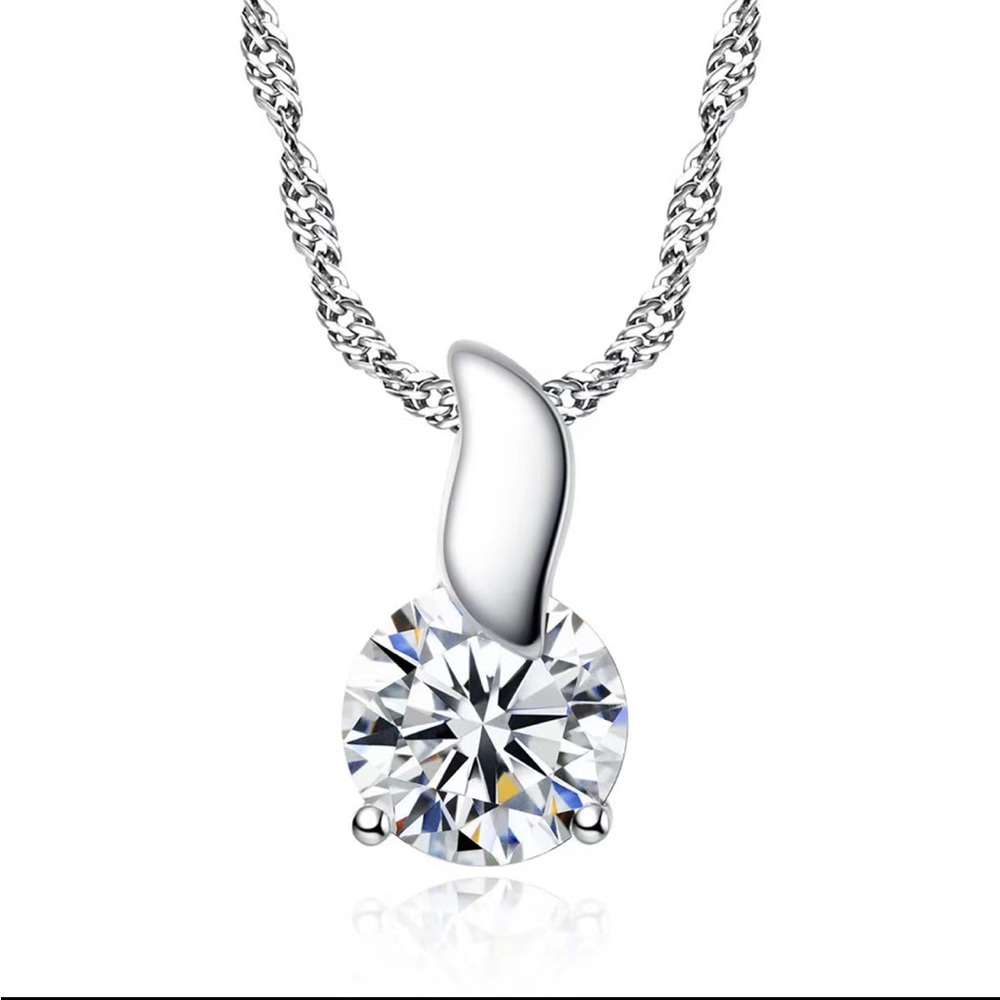 Zircon Solitaire Diamond Pendant on Silver Necklace